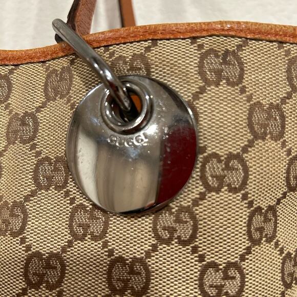 Gucci Vintage Tote Classic Beige GG Logo Canvas Orange Leather Trim Medium Size - Picture 5 of 16